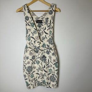 VTG‎ y2k Sz M Floral Tapestry Mini Dress Cotton Button Front Cream Blue Gray